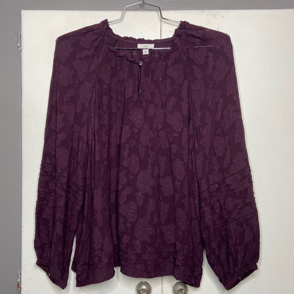 j jill womens sheer keyhole long sleeve blouse 2x plum purple floral